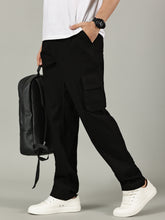 Load image into Gallery viewer, Relaxed Fit Linen Cargos Black