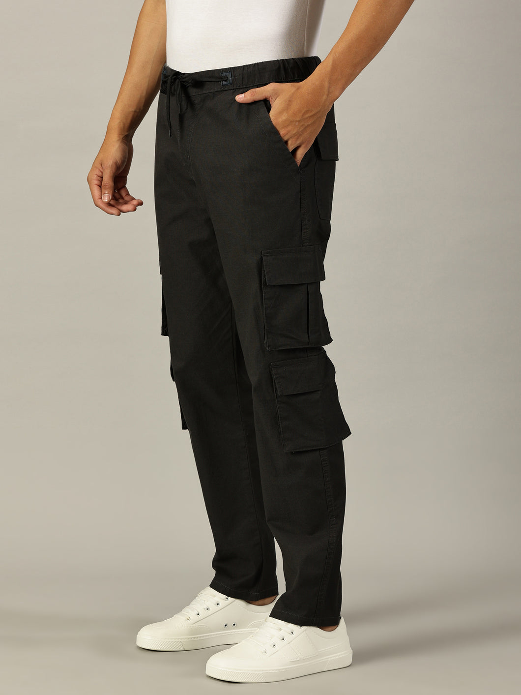 Relaxed Fit Linen Cargo Trousers Charcoal