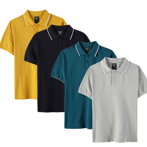 Everyday Polo T-Shirt Pack of 4: Mustard Yellow, Deep Navy, Teal Blue, Space Grey.