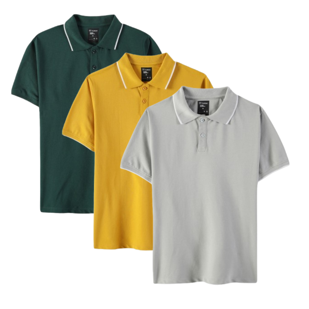 Everyday Polo T-Shirt Pack of 3: Green, Space Grey & Mustard Yellow.