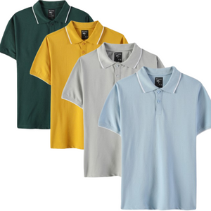 Everyday Polo T-Shirt Pack of 4: Mustard Yellow, Green, Powder Blue & Space Grey.