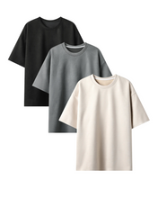 Load image into Gallery viewer, 240 GSM Heavyweight Oversized Solid Pack of 3 T-Shirts Steel Grey, Off White &amp; Black.
