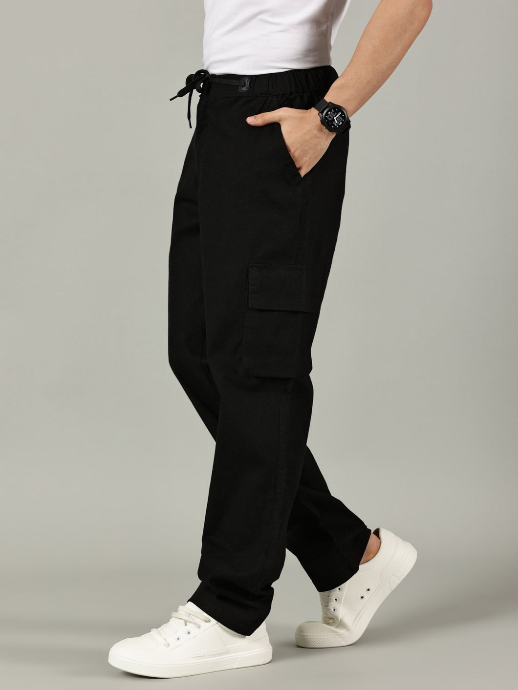 Relaxed Fit Linen Cargos Black