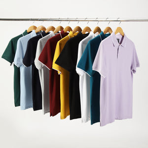 Everyday Polo T-Shirt Pack of 4: Mustard Yellow, Deep Navy, Teal Blue, Space Grey.